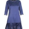 Blue A-line tunic crafted in printed crepe fabric. Embellished with high-low cut frilled hemline and cut & sew on neckline and sleeves opening. 