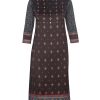 Black printed straight cut crepe Kameez with karchupi at front. Embellished with contrast piping on collar placket. 