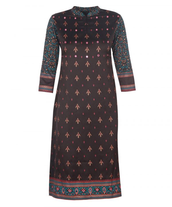 Black printed straight cut crepe Kameez with karchupi at front. Embellished with contrast piping on collar placket. 