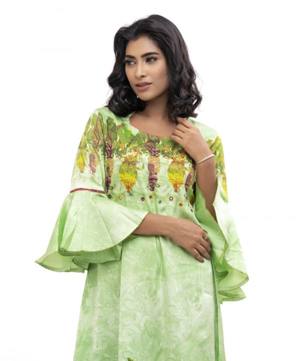 Lemon green colored Long Tunic in Crepe fabric. Round neckline with half band, back opening. Quarter sleeve with bell. Patch border on the hem. Karchupi works on the top front and sleeve.