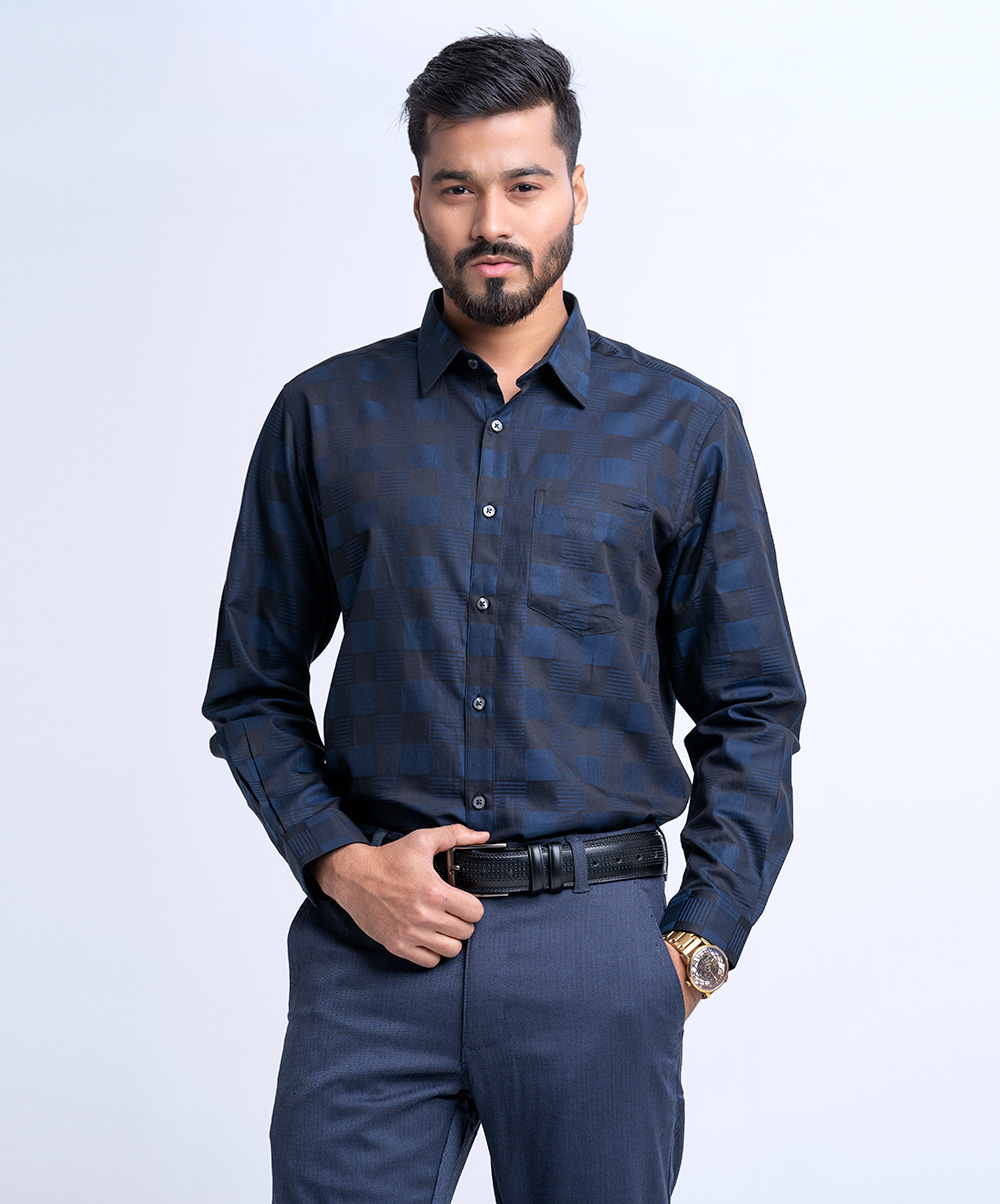 Blue Cotton Long Sleeve Check Formal Shirt