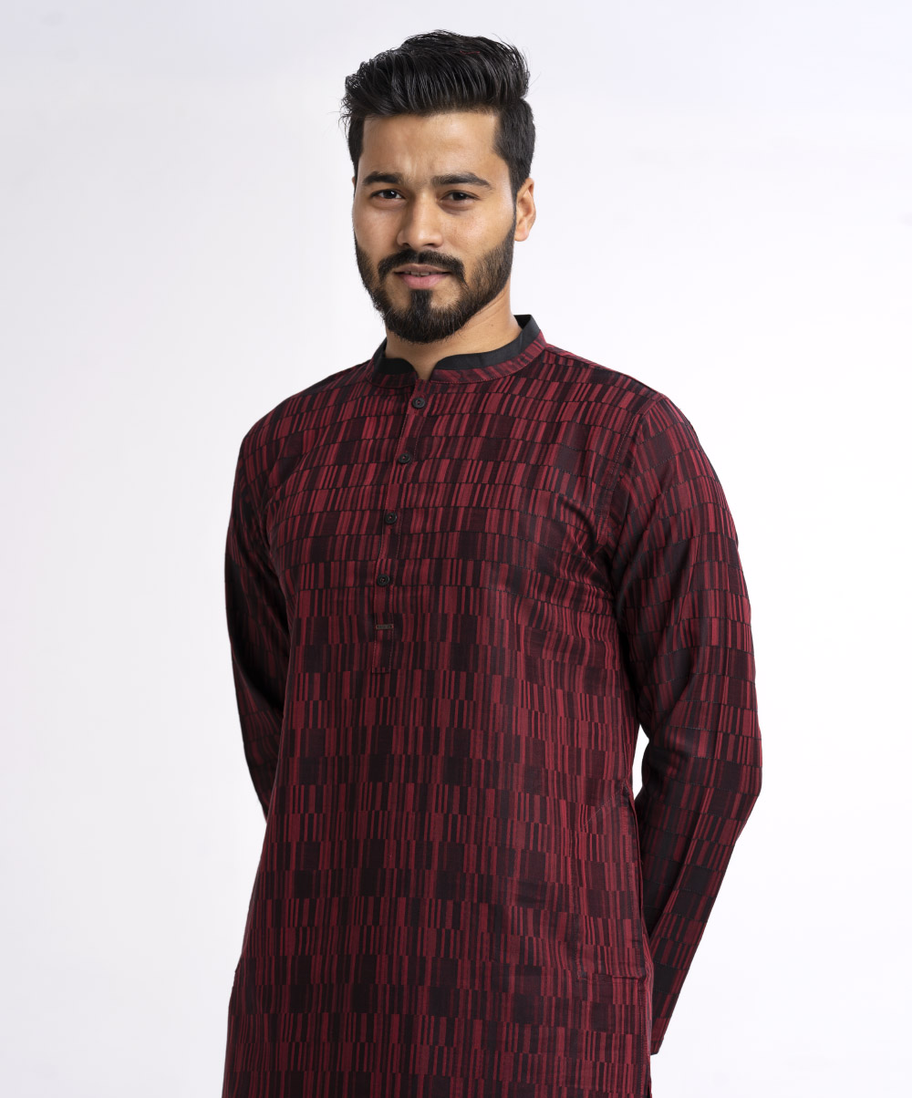 Maroon Fitted Jacquard Cotton Panjabi