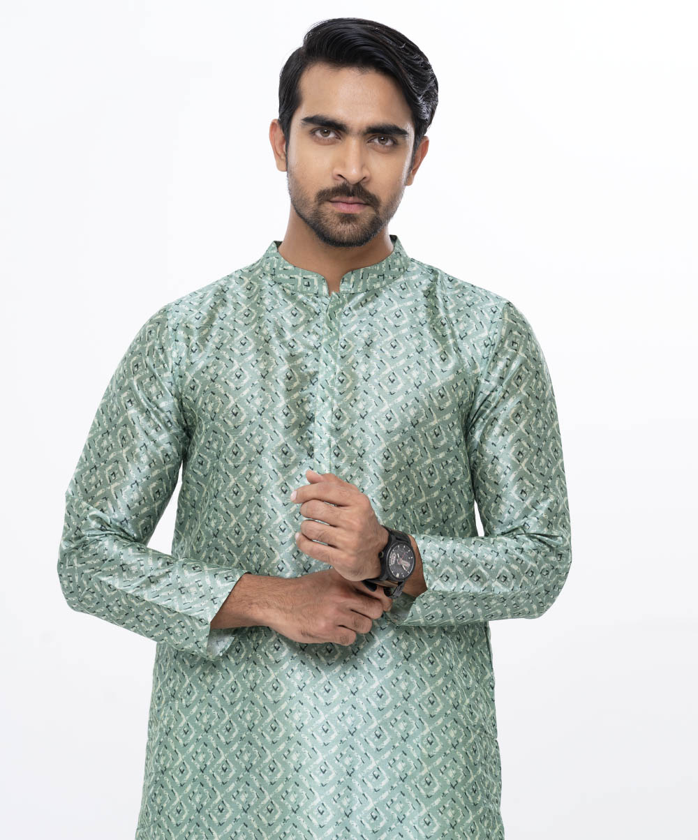 Green Semi Fitted Art Silk Panjabi