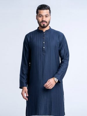 Blue semi-fitted Panjabi in Jacquard Cotton fabric. Designed with a mandarin collar and matching metal buttons on the placket.