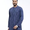 Blue semi-fitted all-over printed Panjabi in slab Cotton fabric. Designed with embroidery on the collar and hidden button placket.