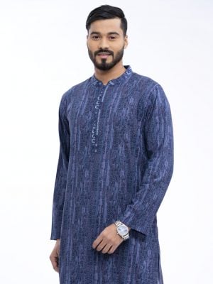 Blue semi-fitted all-over printed Panjabi in slab Cotton fabric. Designed with embroidery on the collar and hidden button placket.