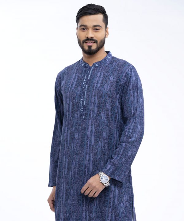 Blue semi-fitted all-over printed Panjabi in slab Cotton fabric. Designed with embroidery on the collar and hidden button placket.