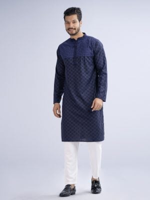 Blue fitted Panjabi in Cotton fabric. Designed with a mandarin collar and matching metal buttons on the placket. Embellished with minimal embroidery on the chest.