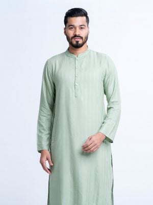 Mint Green fitted Panjabi in Jacquard Cotton fabric. Designed with a mandarin collar and matching metal buttons on the placket.