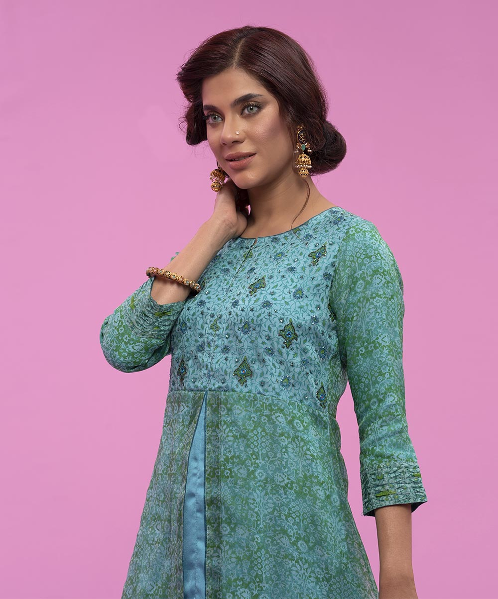 Green Muslin and Crepe A-line Tunic