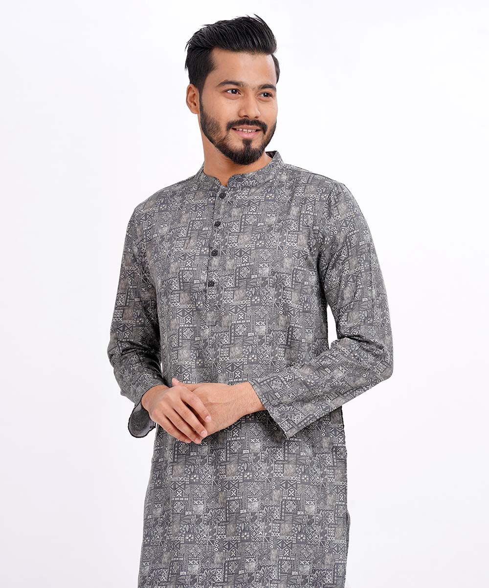 Gray Semi Fitted Cotton Panjabi