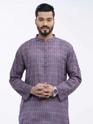 Blue semi-fitted Panjabi in printed Cotton Panjabi. Designed with a mandarin collar and matching metal button on the placket.