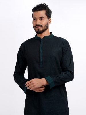 Green Fitted Jacquard Cotton Panjabi