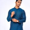 Blue Semi Fitted Jacquard Cotton Panjabi