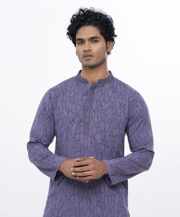 Purple fitted Panjabi in Slab Viscose fabric. Designed with swing stitches on the collar and hidden button placket.