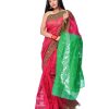 Pink half-silk Saree with contrast green paar and achal. Beautifully designed with all-over thread work.