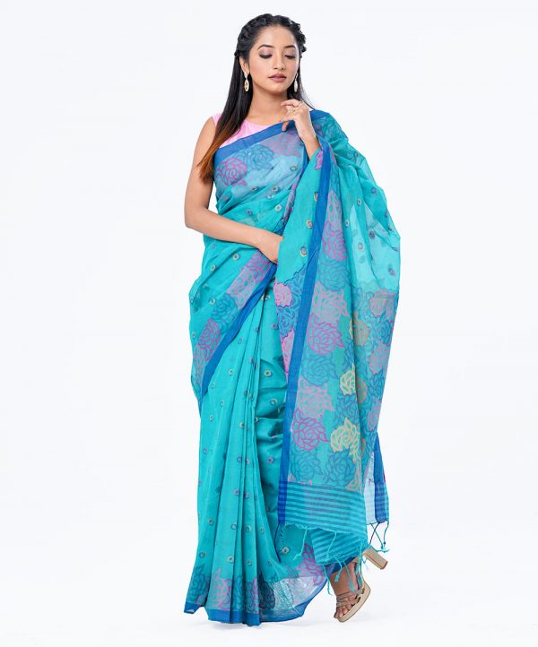 Turquoise Green Cotton Saree