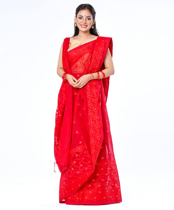 Red tant Cotton Saree with matching borders. Beautifully designed with all-over thread work.