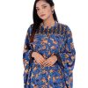 Blue Abaya style Tunic in printed Georgette fabric. Features a low mock neck and batwing sleeves. Embellished with embroidery at the top front