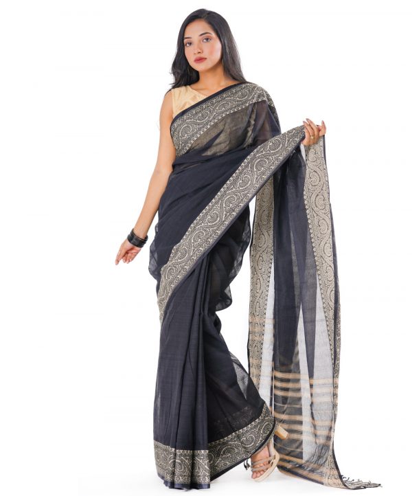 Black Cotton Saree with contrast golden thread woven paar.