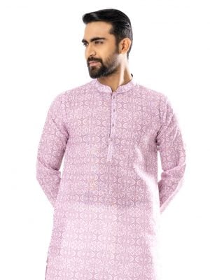 Dusty Pink fitted Panjabi in breathable Slab Panjabi. Designed with a mandarin collar and matching metal button on the placket.