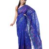 Blue tant Cotton Saree with matching borders. Beautifully designed with all-over multi-color thread work.