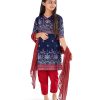 Blue and Maroon all-over printed retro-wrap style salwar kameez in Georgette and Viscose fabric. The Kameez is designed with a V-neck and three-quarter sleeves. Detailed with tie-cord at the front. Embellished with karchupi at the top front. Complemented by Viscose culottes pants and printed chiffon dupatta.