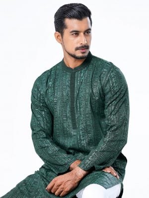 Green all-over printed semi-fitted Panjabi in Slab Viscose fabric. Designed with pin tucks on the collar and hidden button placket.