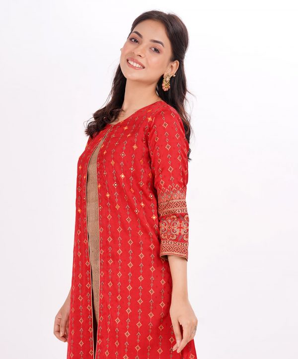 Red and brown shrug style Kameez in textured silk-blend fabric and contrast inner in Silk fabric. Designed with a round neck and three-quarter sleeves. Embellished with karchupi at the front.