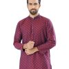 Maroon semi-fitted fitted Panjabi in Jacquard Cotton fabric. Designed with a mandarin collar and matching metal buttons on the placket.