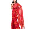 Red Cotton Saree with matching borders. Designed with all-over multi-color thread work.