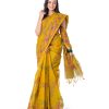 Mustard yellow tant Cotton Saree with matching borders. Designed with all-over multi-color thread work.