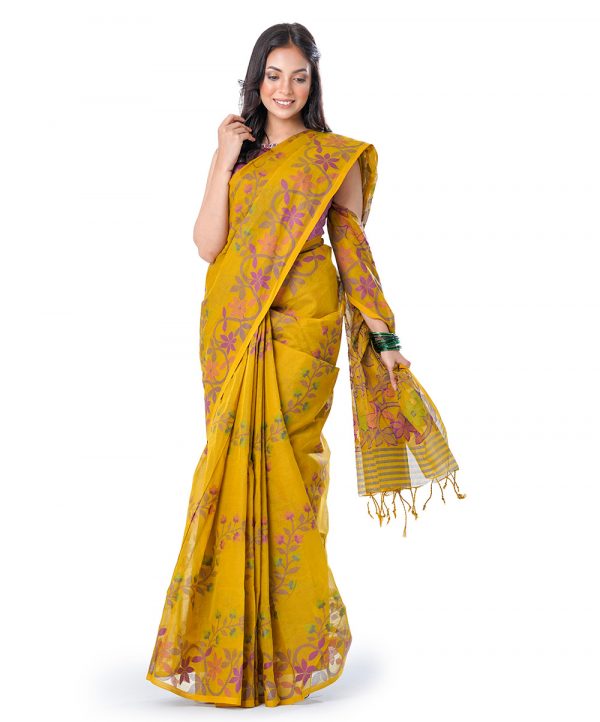 Mustard yellow tant Cotton Saree with matching borders. Designed with all-over multi-color thread work.