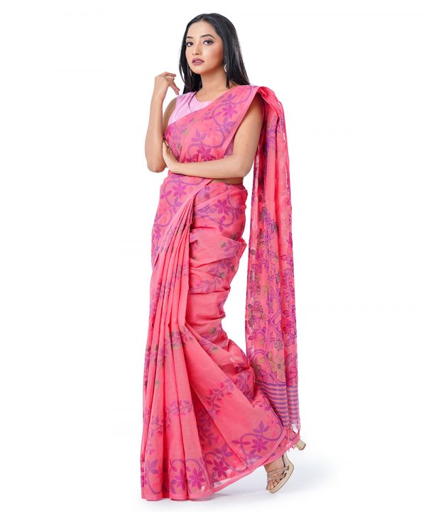 Pink tant Cotton Saree with matching borders. Beautifully designed with all-over multi-color thread.