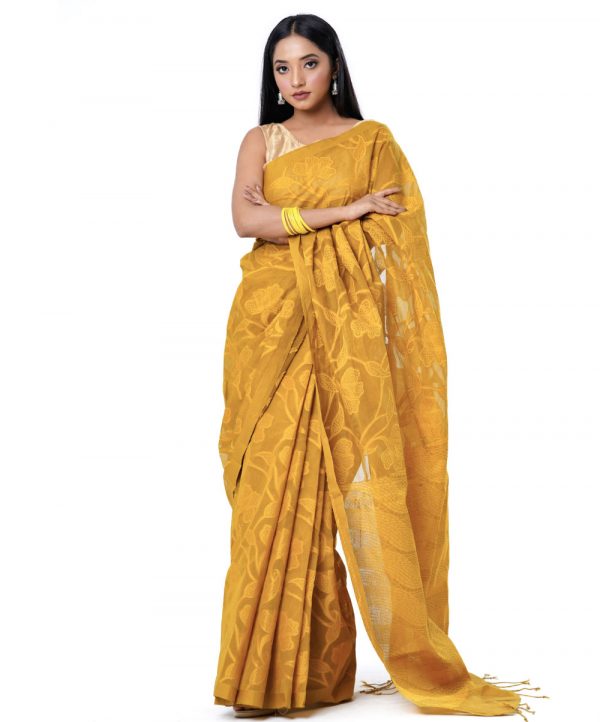 Mustard yellow tant Cotton Saree with matching borders. Designed with all-over thread work.