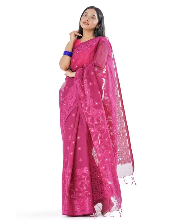 Purple tant cotton Saree with all-over thread work.