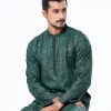 Green all-over printed fitted Panjabi in Slab Viscose fabric. Designed with pin tucks on the collar and a hidden button placket.