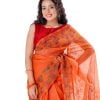 Orange all-over printed exclusive Saree in Muslin fabric with a matching border. Embellished with karchupi, and decorative tassels on the achal.