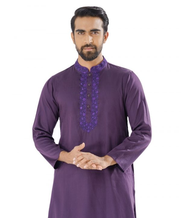 Purple premium Panjabi in Cotton fabric. Designed with karchupi on the collar and a hidden button placket.