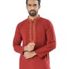 Red fitted Panjabi in Slab Viscose fabric. Designed with embroidery on the collar and hidden button placket.