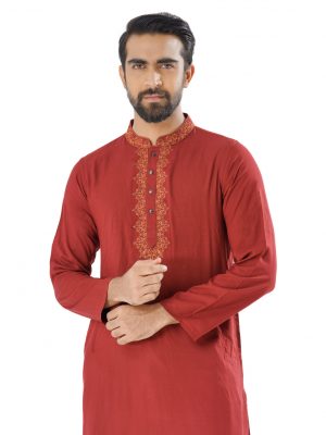 Red fitted Panjabi in Slab Viscose fabric. Designed with embroidery on the collar and hidden button placket.