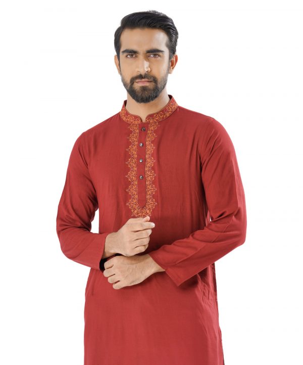 Red fitted Panjabi in Slab Viscose fabric. Designed with embroidery on the collar and hidden button placket.