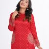 Maroon all-over printed straight-cut Kameez in Crepe fabric. Designed with a band neck, long sleeves and side pockets. Embellished with karchupi at the front.