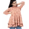 Peach layered A-line Tunic in printed Georgette fabric. Features a round neck with frills and three-quarter sleeves. Gathers from the waistline.