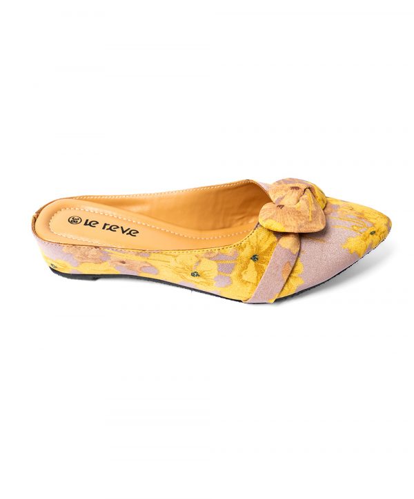 Yellow wedge Sandals. Comfortable cushioning at inner soles. Detailed with a fabricated closed-toe vamp with a ribbon on the top.