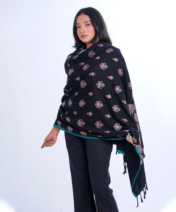 Black all-over printed Shawl in Cotton viscose fabric. Embellished with karchupi and all-over matching borders.