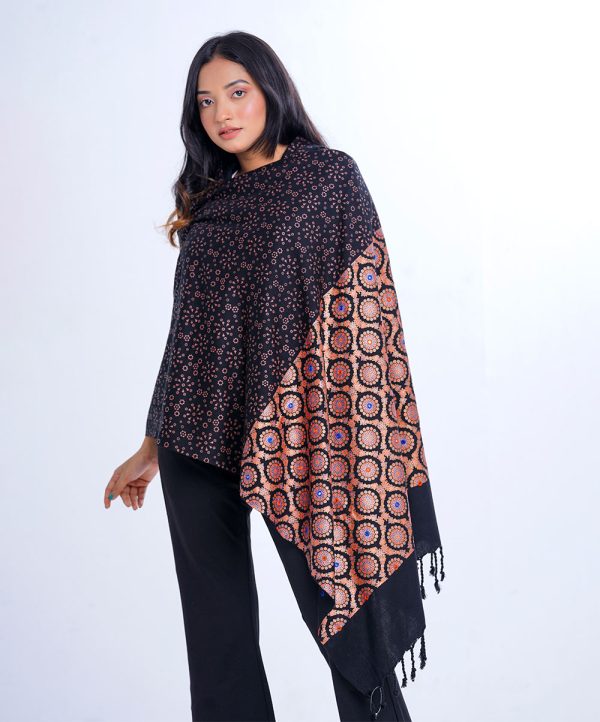 Black all-over printed Shawl in Cotton viscose fabric. Embellished with karchupi and fringe trim on both sides.