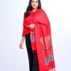 Red all-over printed Shawl in Cotton viscose fabric. Embellished with karchupi and fringe trim on both sides.