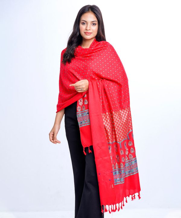 Red all-over printed Shawl in Cotton viscose fabric. Embellished with karchupi and fringe trim on both sides.