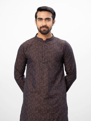 Blue semi-fitted Panjabi in Jacquard Cotton fabric. Designed with a mandarin collar and matching metal buttons on the placket. Embellished with karchupi at the front.